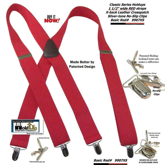 Holdup Bright RED Classic X-back Suspenders with USA Patented Silver-tone No-slip clips