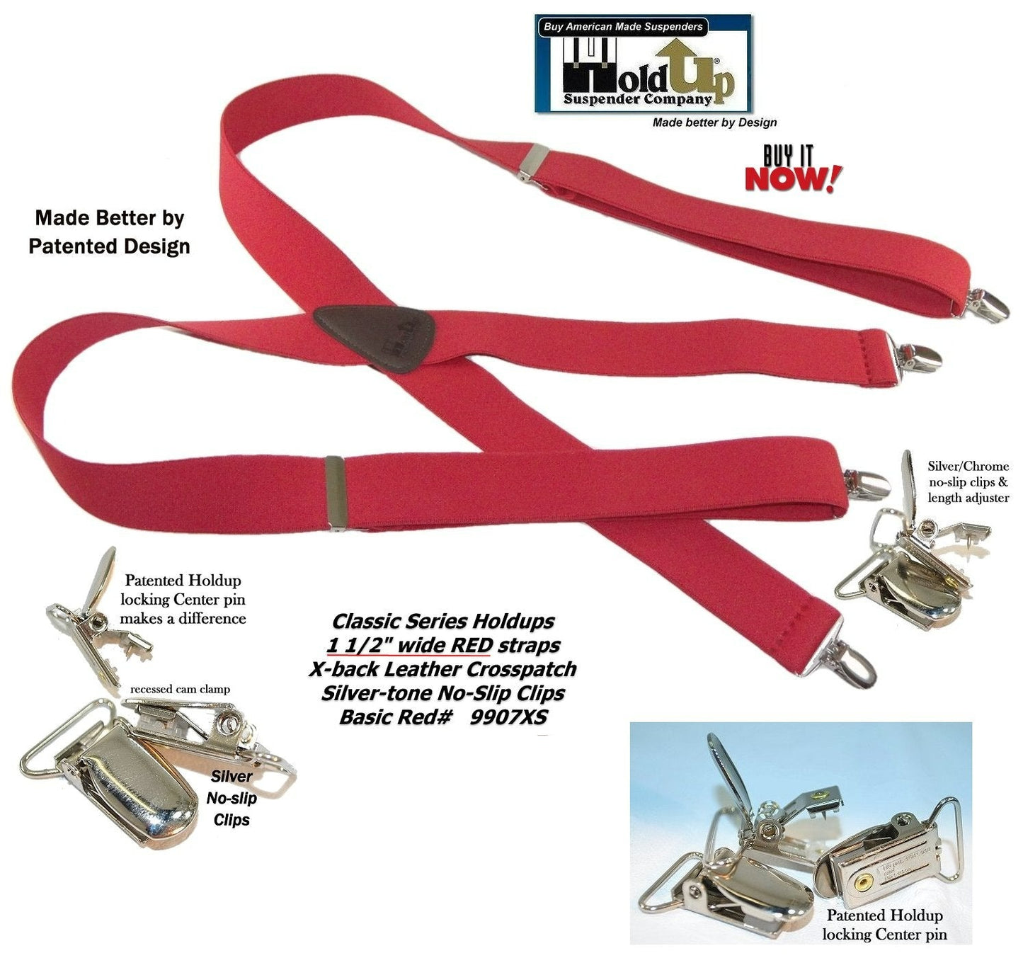 Holdup Bright RED Classic X-back Suspenders with USA Patented Silver-tone No-slip clips