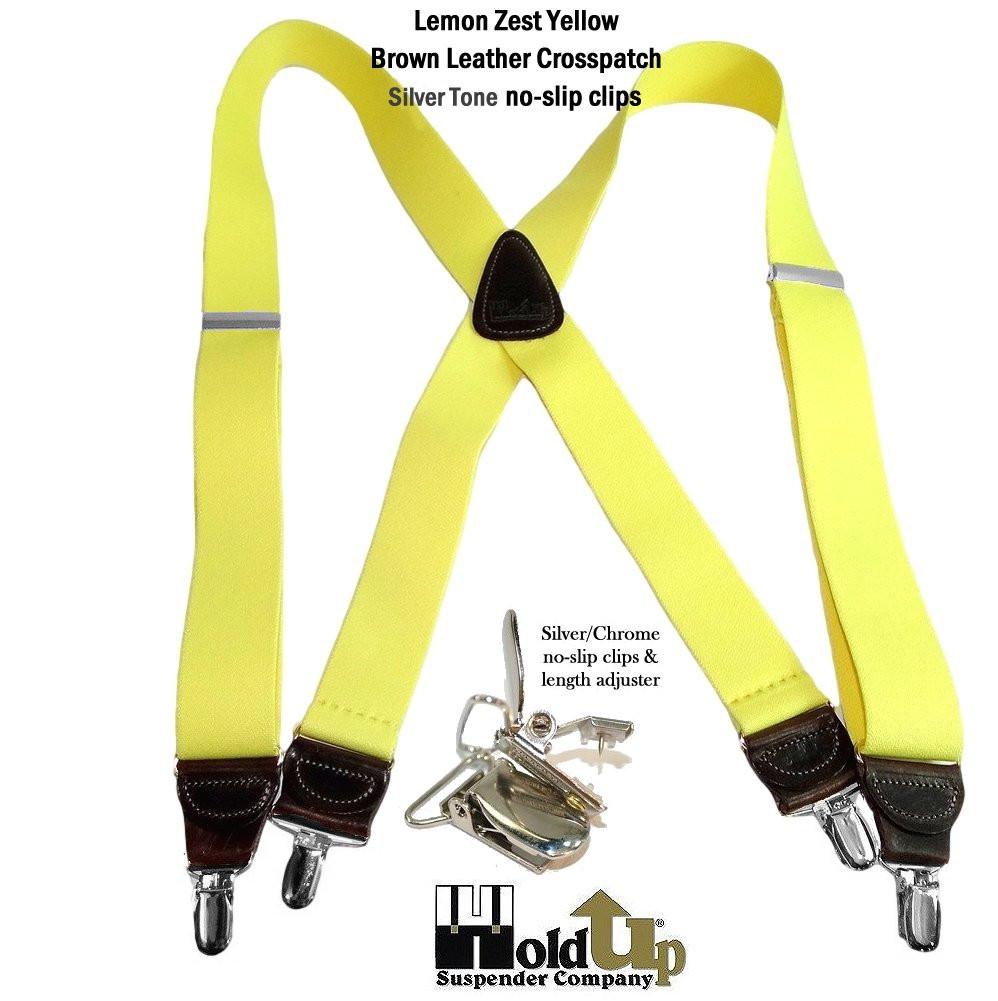 Hold-Ups Yellow 1 1/2" wide Suspenders X-Back Patented No-slip USA patented Silver Clips
